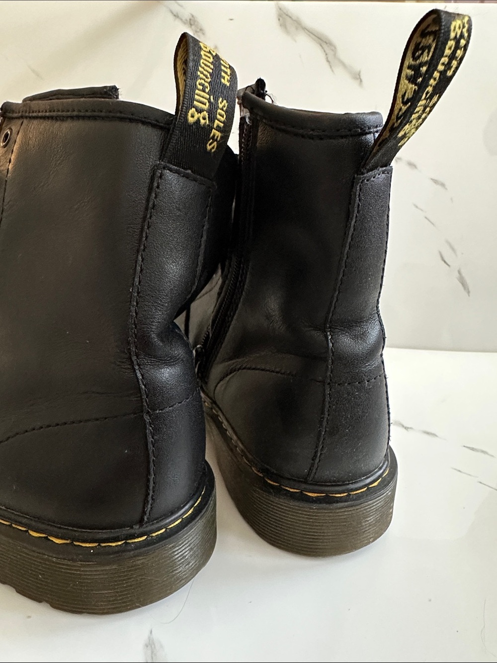 Black Lace-Up Combat Boots with Yellow Stitching - Women's Style: Doc Martins - Picture 5 of 10